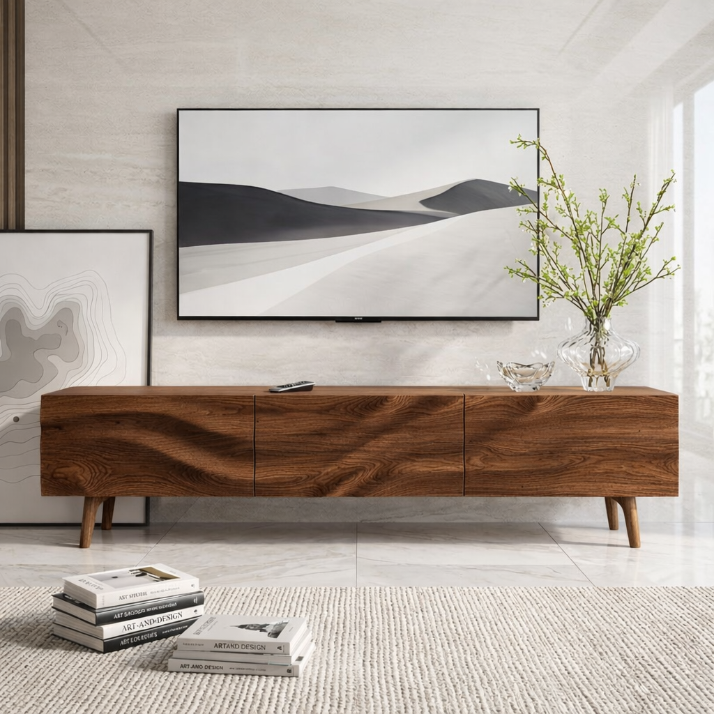 Solid Wood TV Stand, Natural-Grain Mid-Century Media Console Entertainment Center