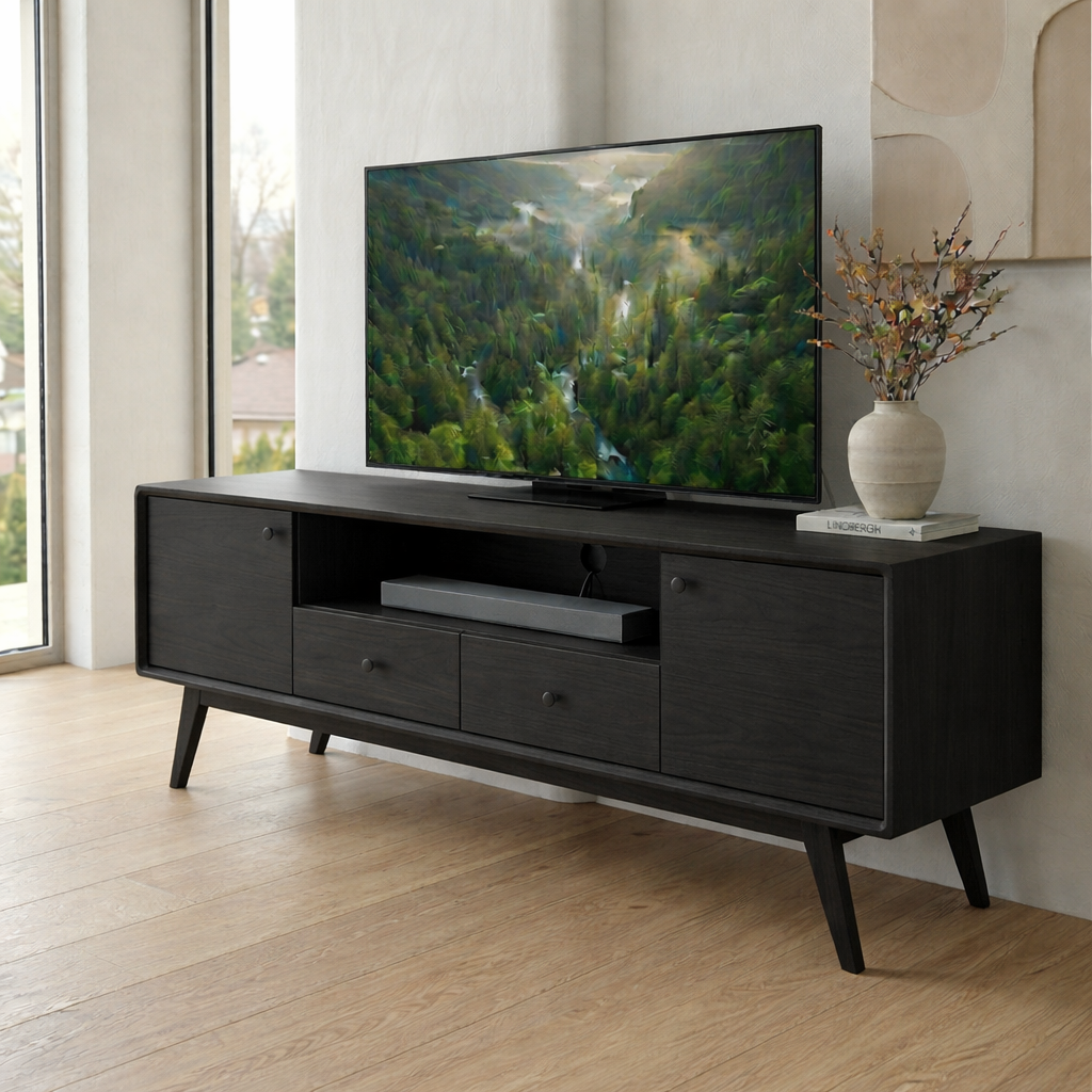 Mid Century Solid Wood Media Console – Modern TV Stand with Drawers & Storage