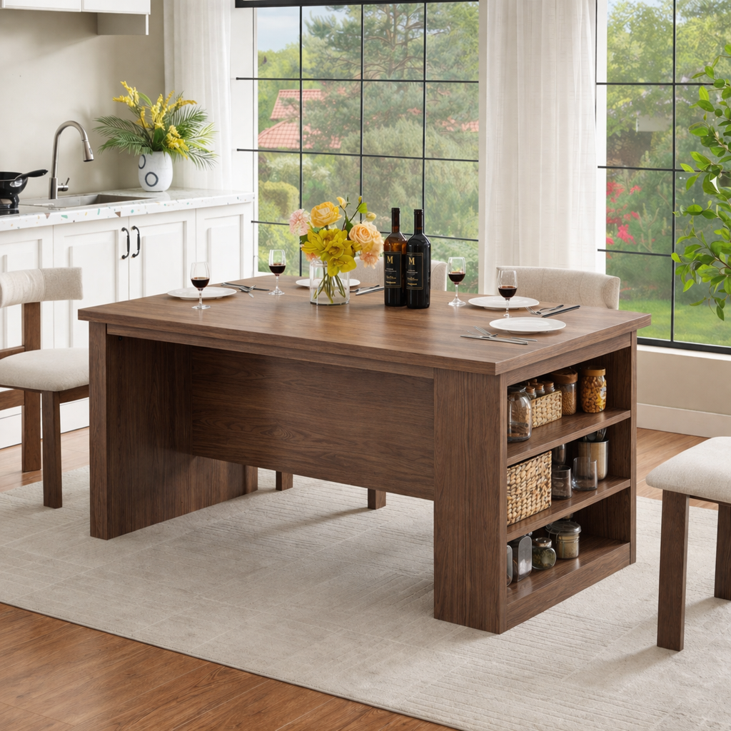 Large Kitchen Island with Side Shelves, Modern Prep Table, Storage Island for Dining Space