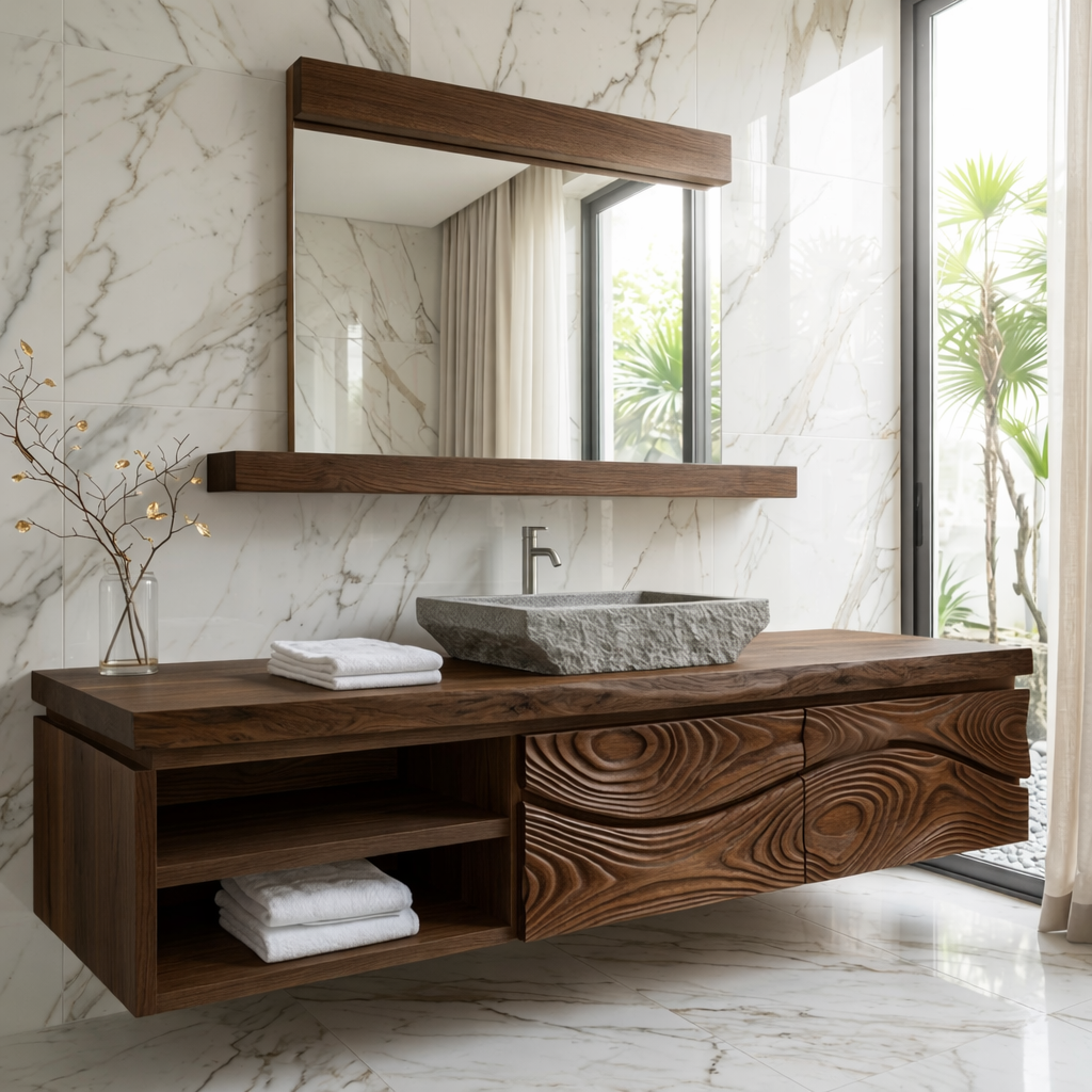 Modern Solid Wood Bathroom Vanity with Floating Storage and Sculpted Drawer Front