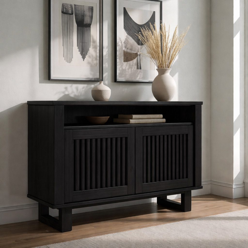 Modern Console Cabinet with Vertical Slatted Doors – Elegant Storage Solution