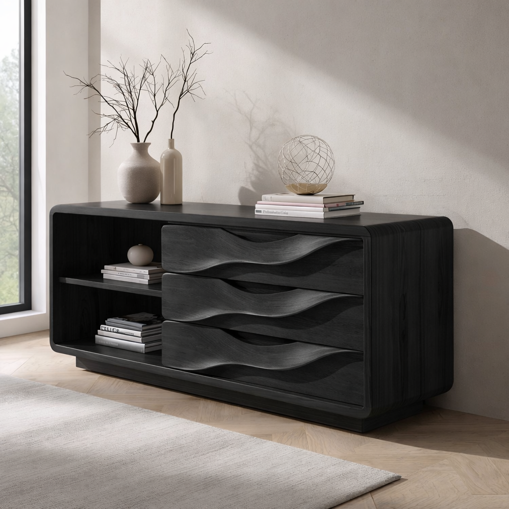 Solid Wood Console Table with Wave Drawers and Open Shelf – Modern Entryway Cabinet