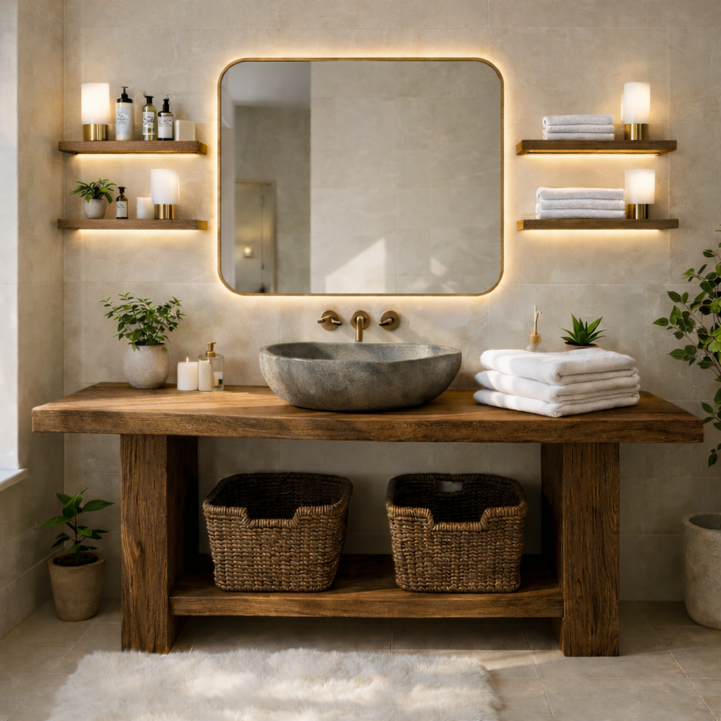 Rustic Solid Wood Bathroom Vanity Table With Open Shelf Farmhouse Bathroom Cabinet