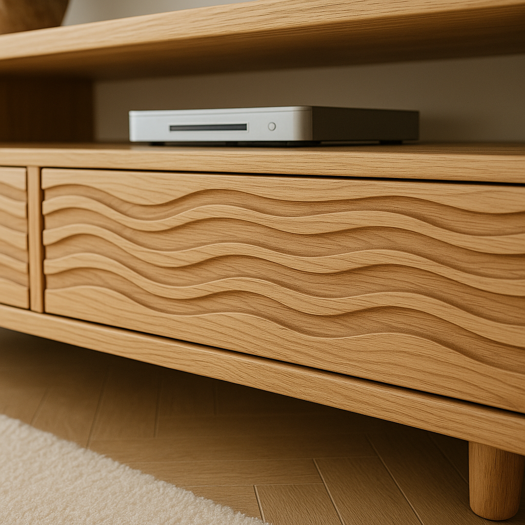 Solid Wood TV Stand Modern Oak Media Console with Wave Drawers and Open Storage
