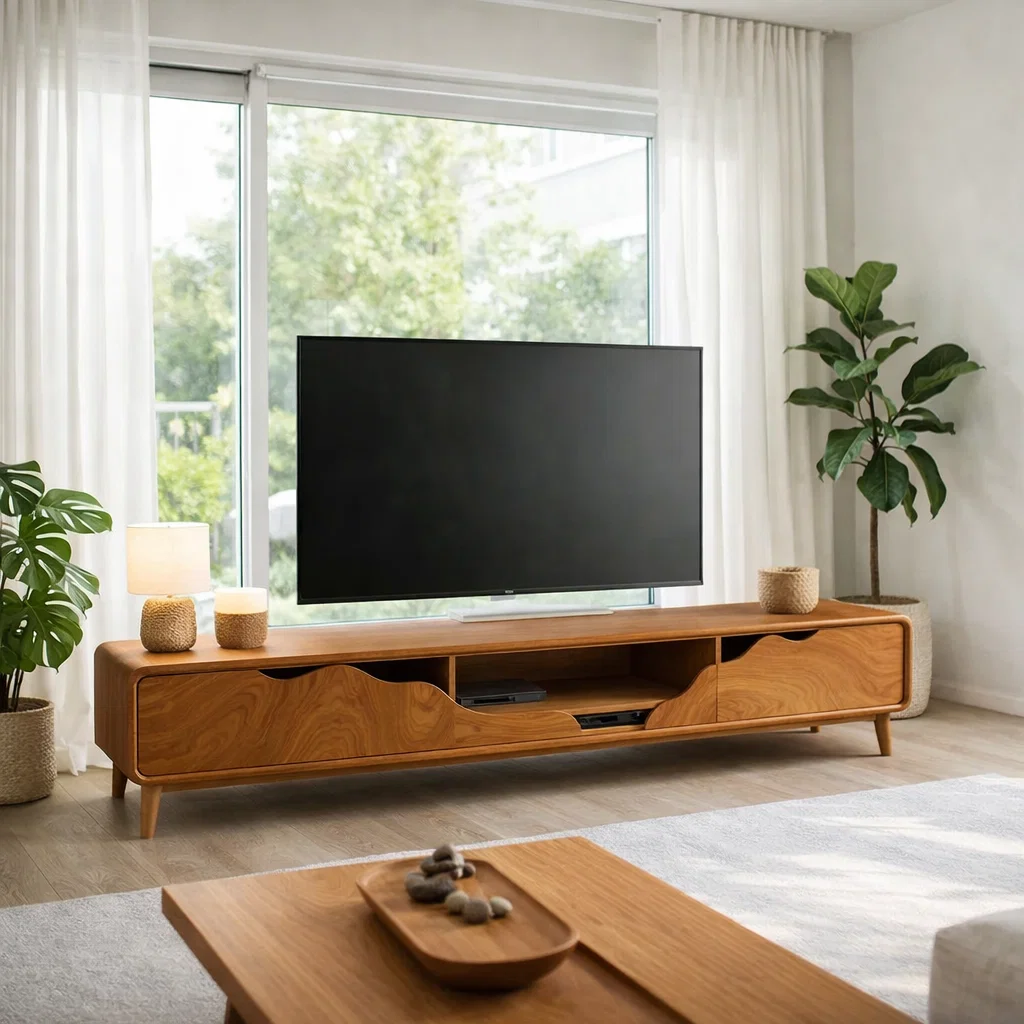 Solid Wood TV Console with Curved Design & Storage – Modern Media Unit