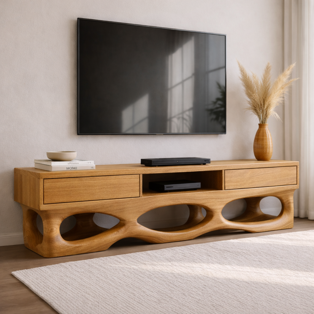 Solid Wood TV Cabinet with Sculptural Base and Storage Drawers