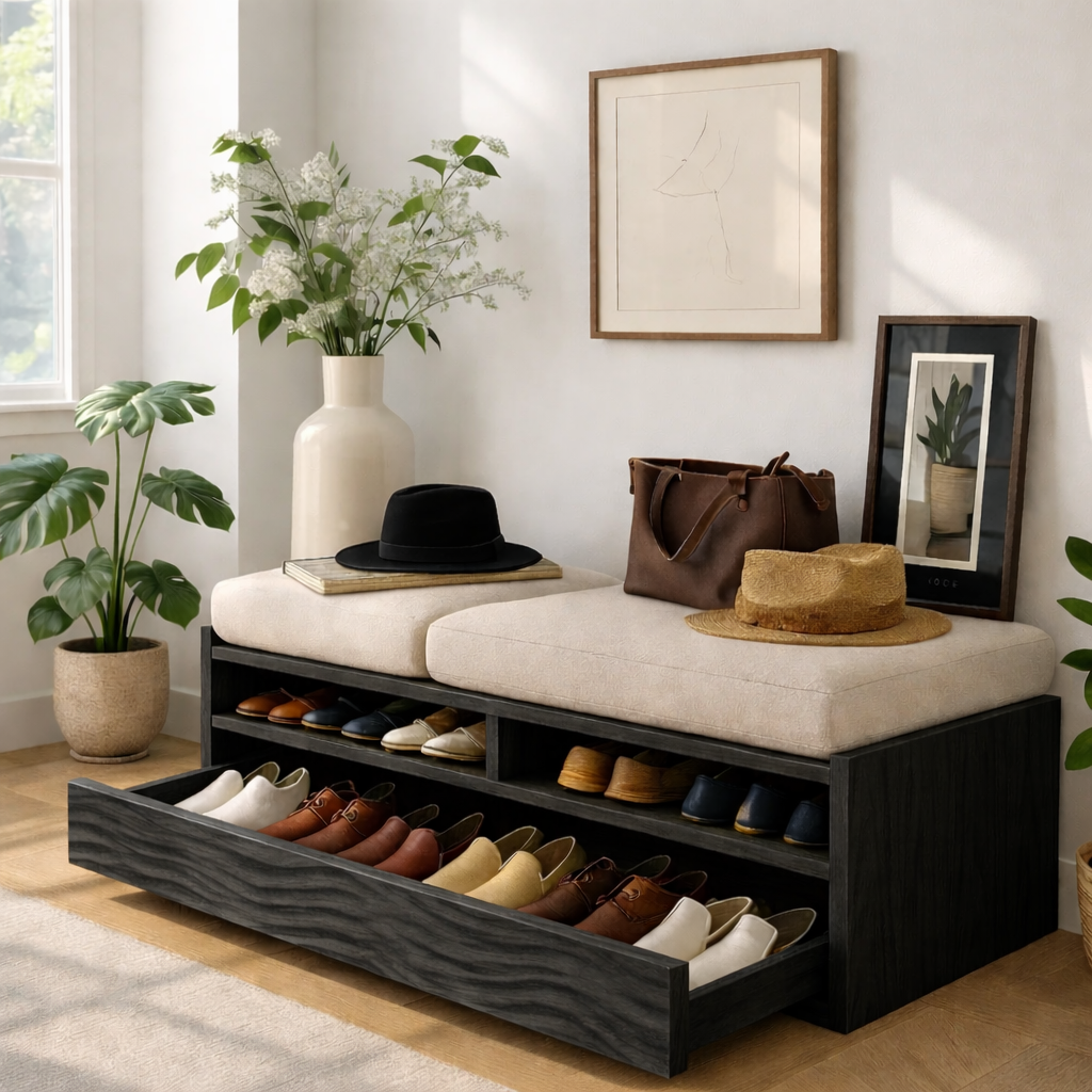 Solid Wood Entryway Bench with Storage Cubbies, Rustic Hallway Organizer Seat