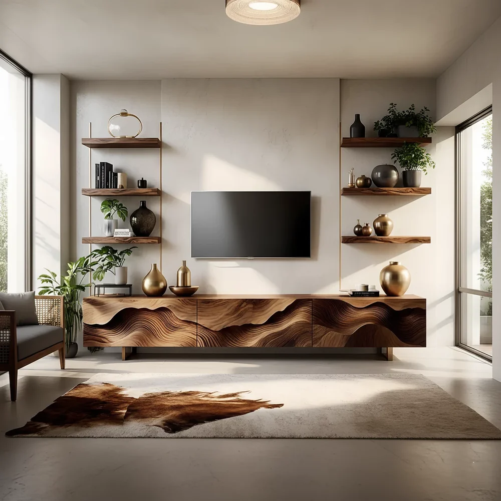 Solid Wood TV Stand Modern Walnut Media Console with Sculpted Wave Doors