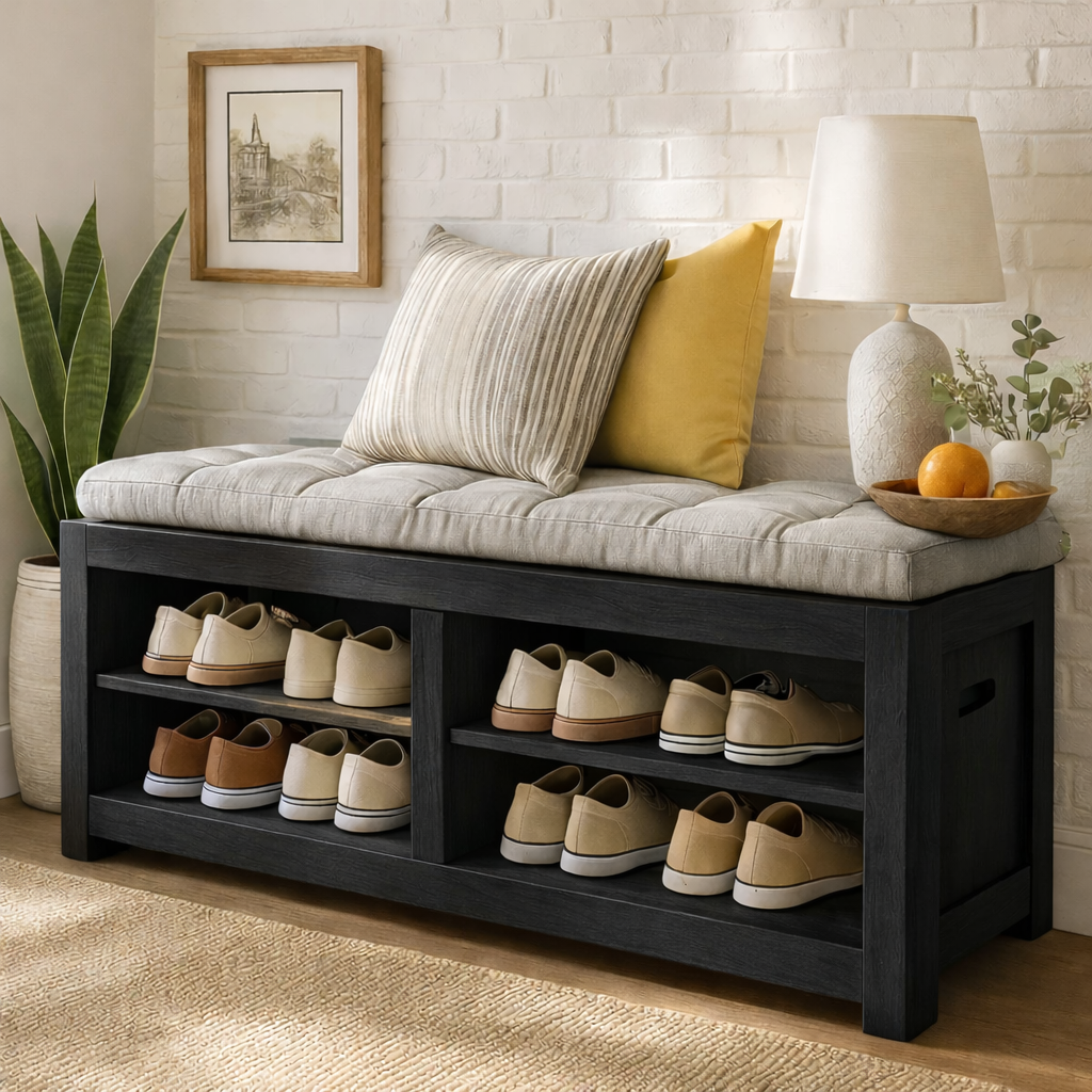 Solid Wood Entryway Bench with Shoe Storage Shelves, Rustic Hallway Organizer