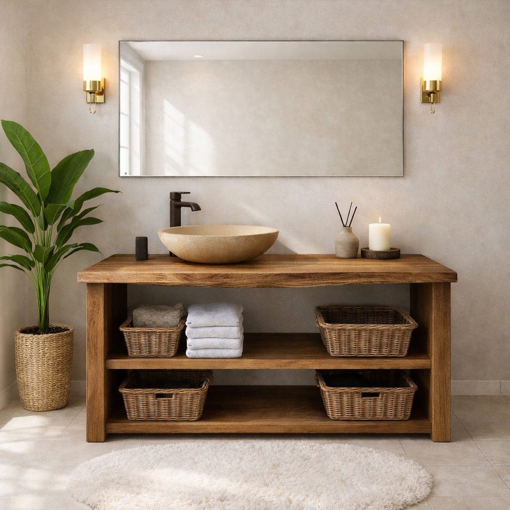 Rustic Wooden Bathroom Vanity with Open Shelves and Modern Faucet
