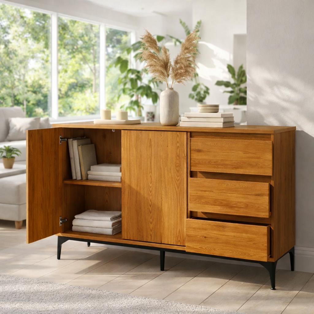 Solid Wood Sideboard Cabinet with Drawers and Shelves