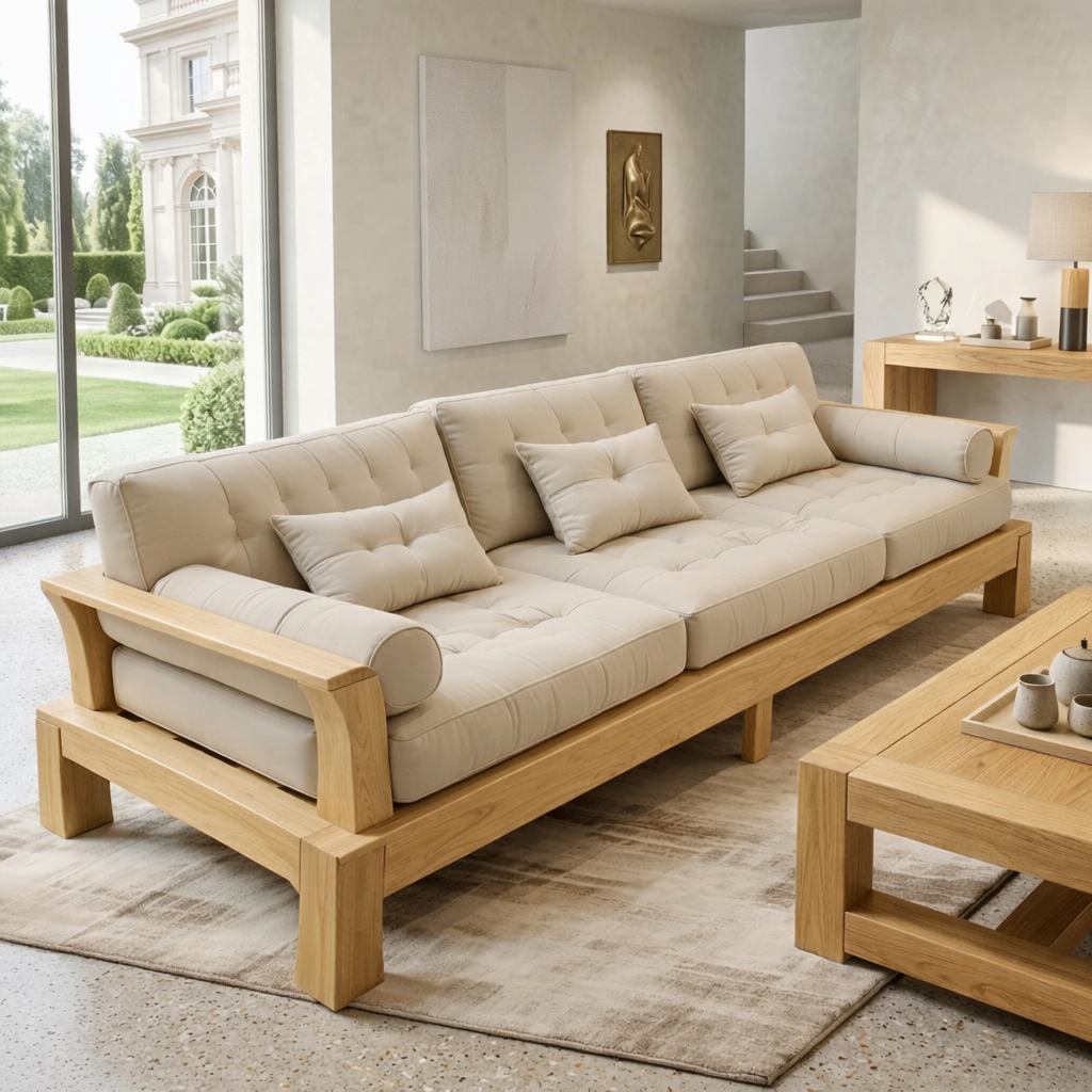 Large Solid Wood Sofa with Beige Tufted Cushions Modern Japandi Living Room Couch