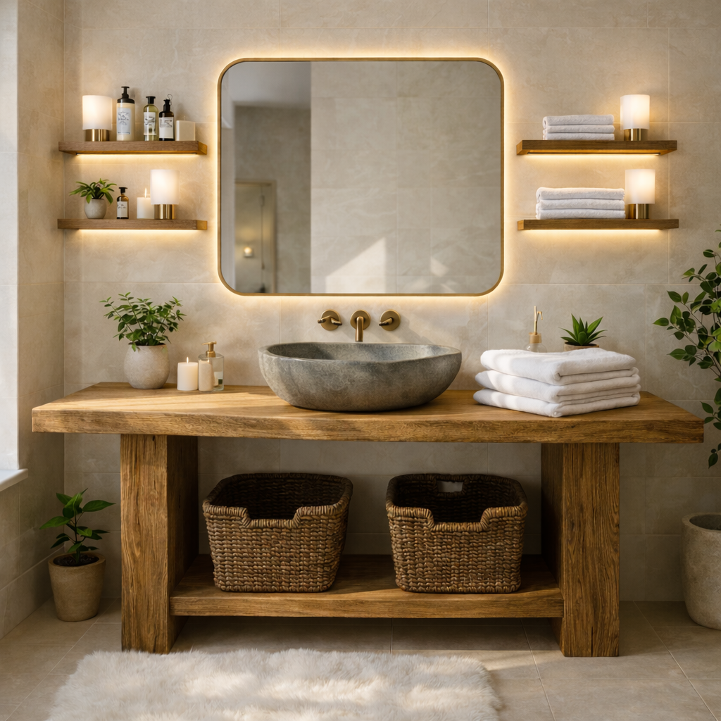 Rustic Solid Wood Bathroom Vanity Table With Open Shelf Farmhouse Bathroom Cabinet