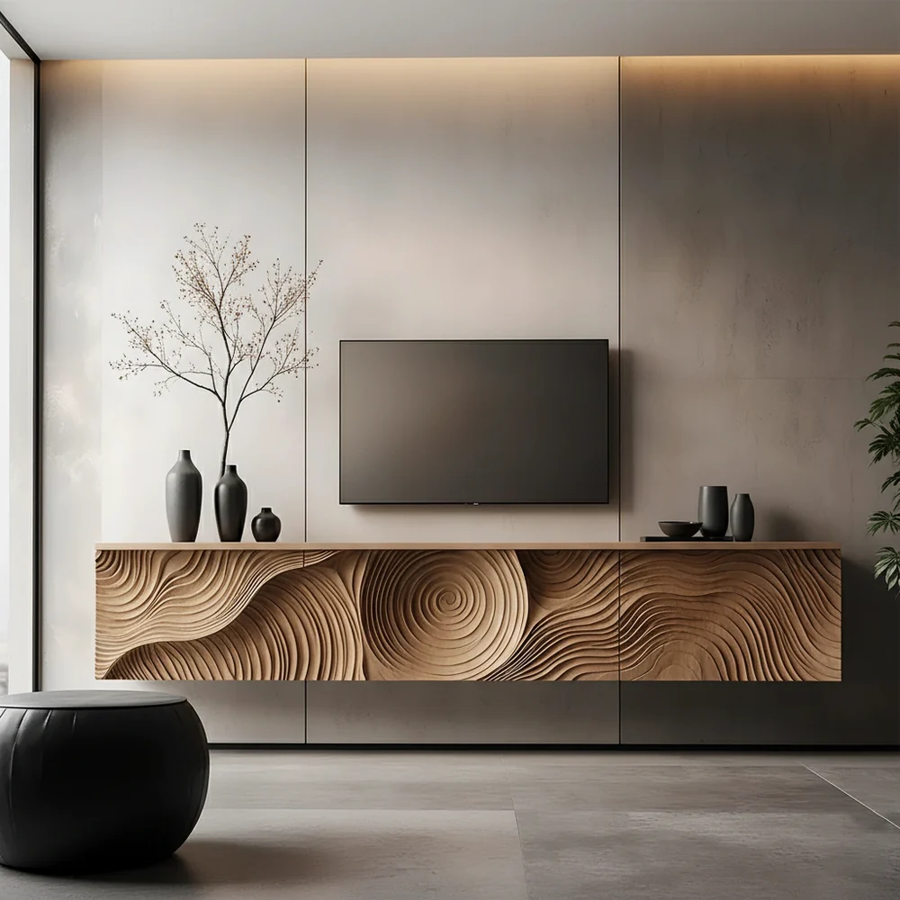 Solid Wood Floating TV Stand Modern Wall Mounted Media Console with Carved Front