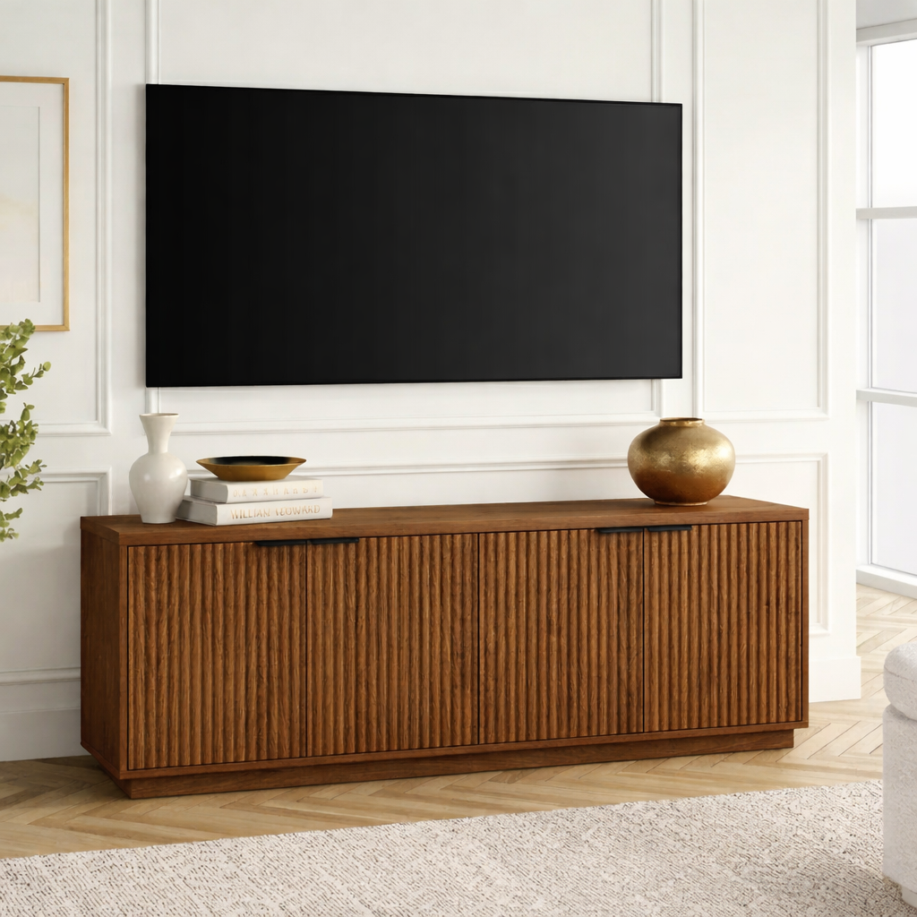 Fluted Solid Wood TV Stand Modern Low Profile Media Console with Hidden Storage