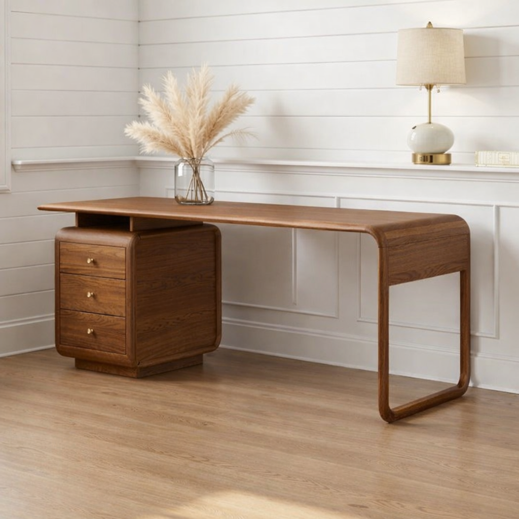 Modern Waterfall Desk with Drawers, Minimalist Home Office Writing Table