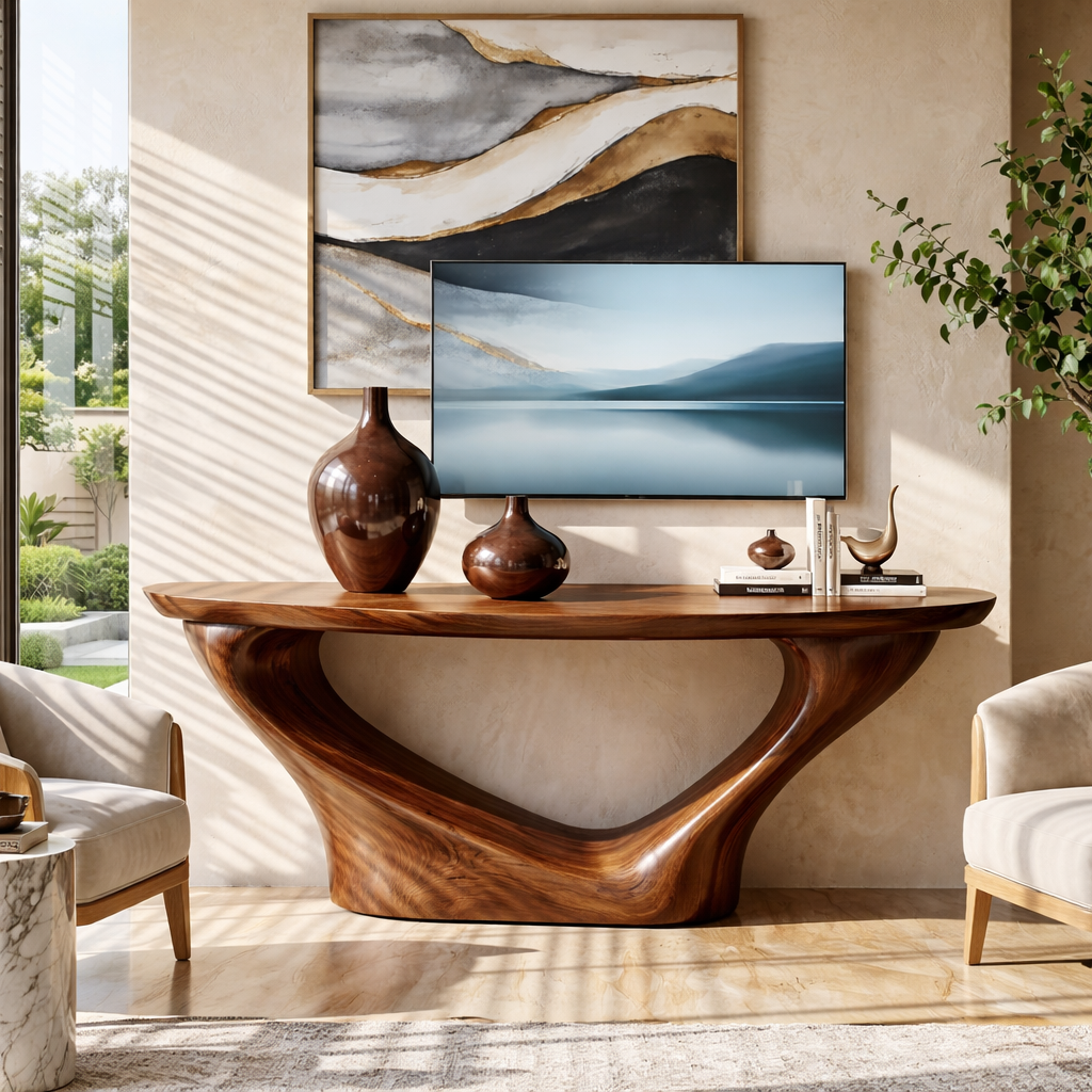 Solid Wood Console Table with Sculptural Curved Base, Modern Artistic Design