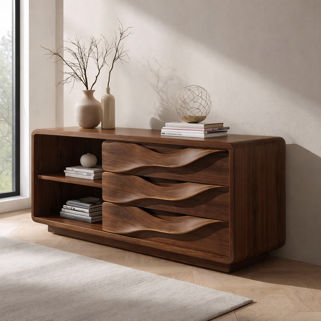Solid Wood Console Table with Wave Drawers and Open Shelf – Modern Entryway Cabinet