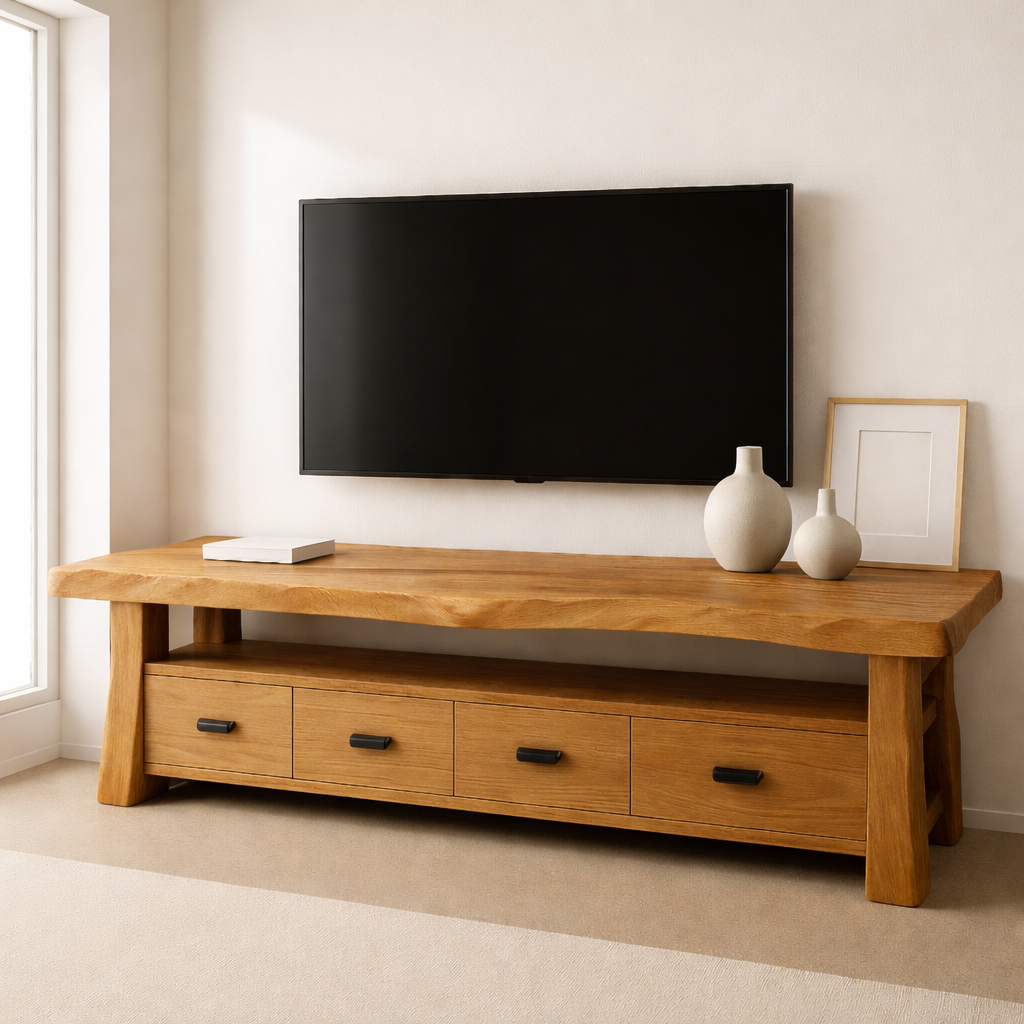 Solid Wood TV Stand with Drawers and Live Edge Top Rustic Entertainment Center