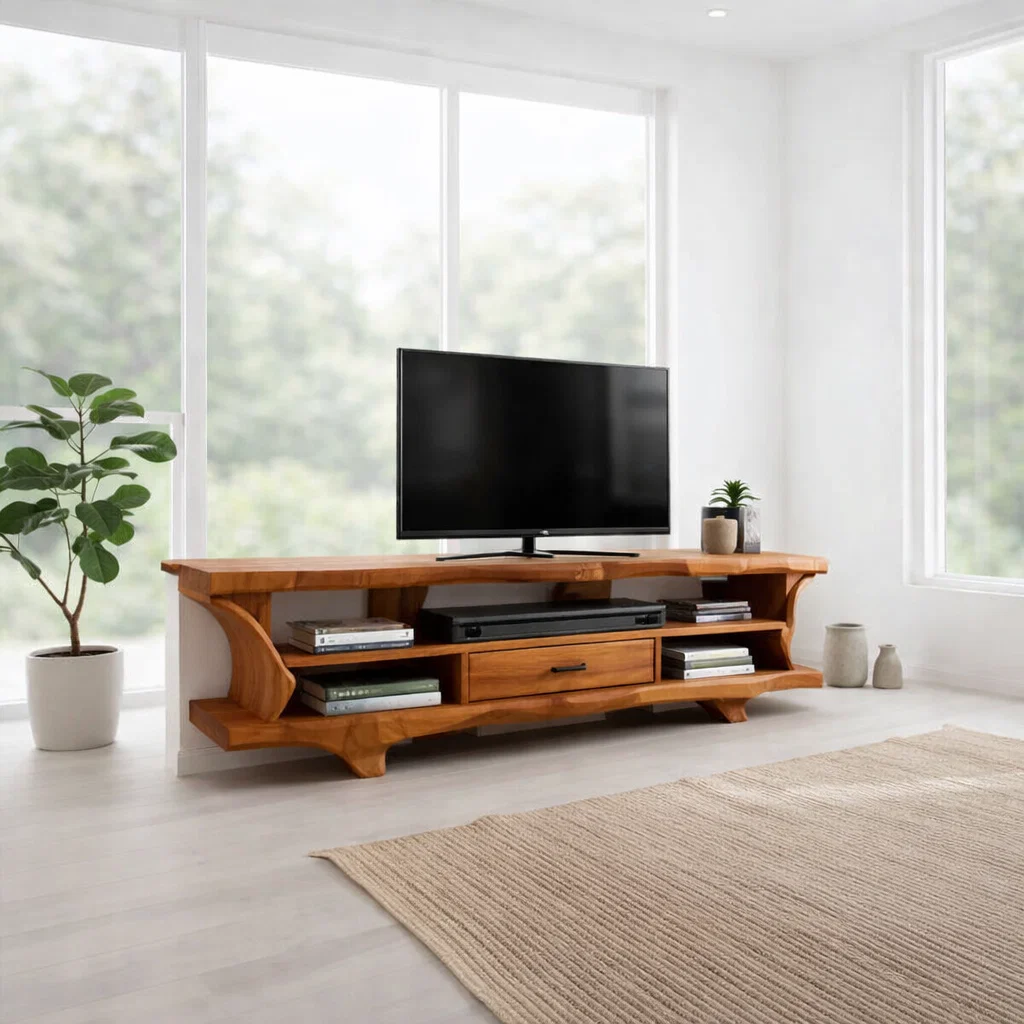 Solid Wood TV Console with Live Edge – Rustic Modern Media Stand with Storage