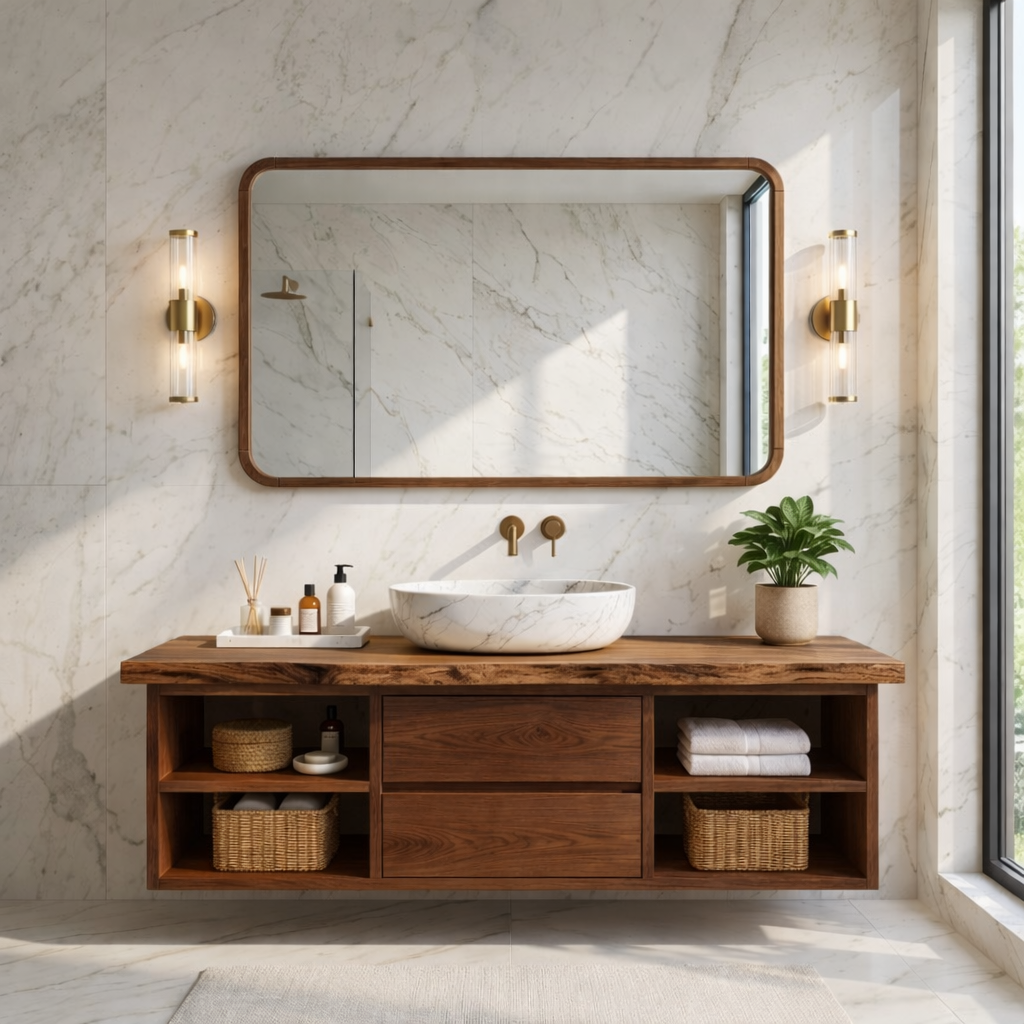Floating Bathroom Vanity with Natural Wood and Modern Design, Spacious Storage