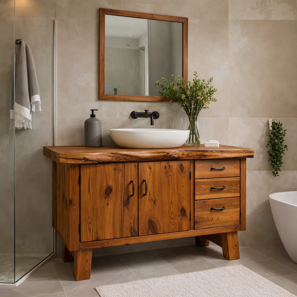 Rustic Solid Wood Bathroom Vanity Cabinet with Drawers & Doors