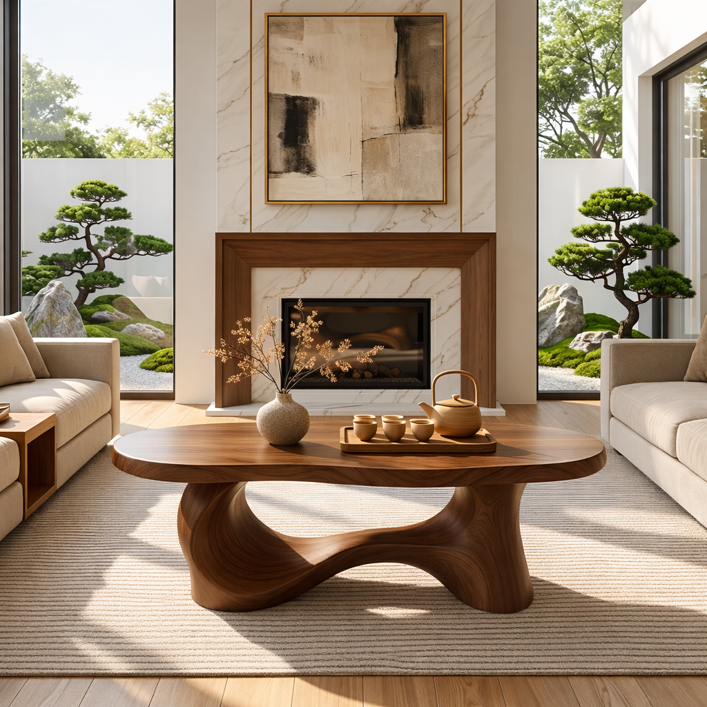 Unique Sculptural Coffee Table, Handcrafted Natural Wood Design for Living Room