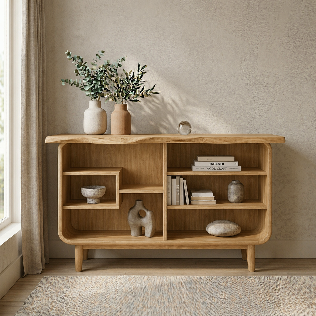 Solid Wood Console Cabinet with Open Shelves – Modern Rustic Storage Sideboard