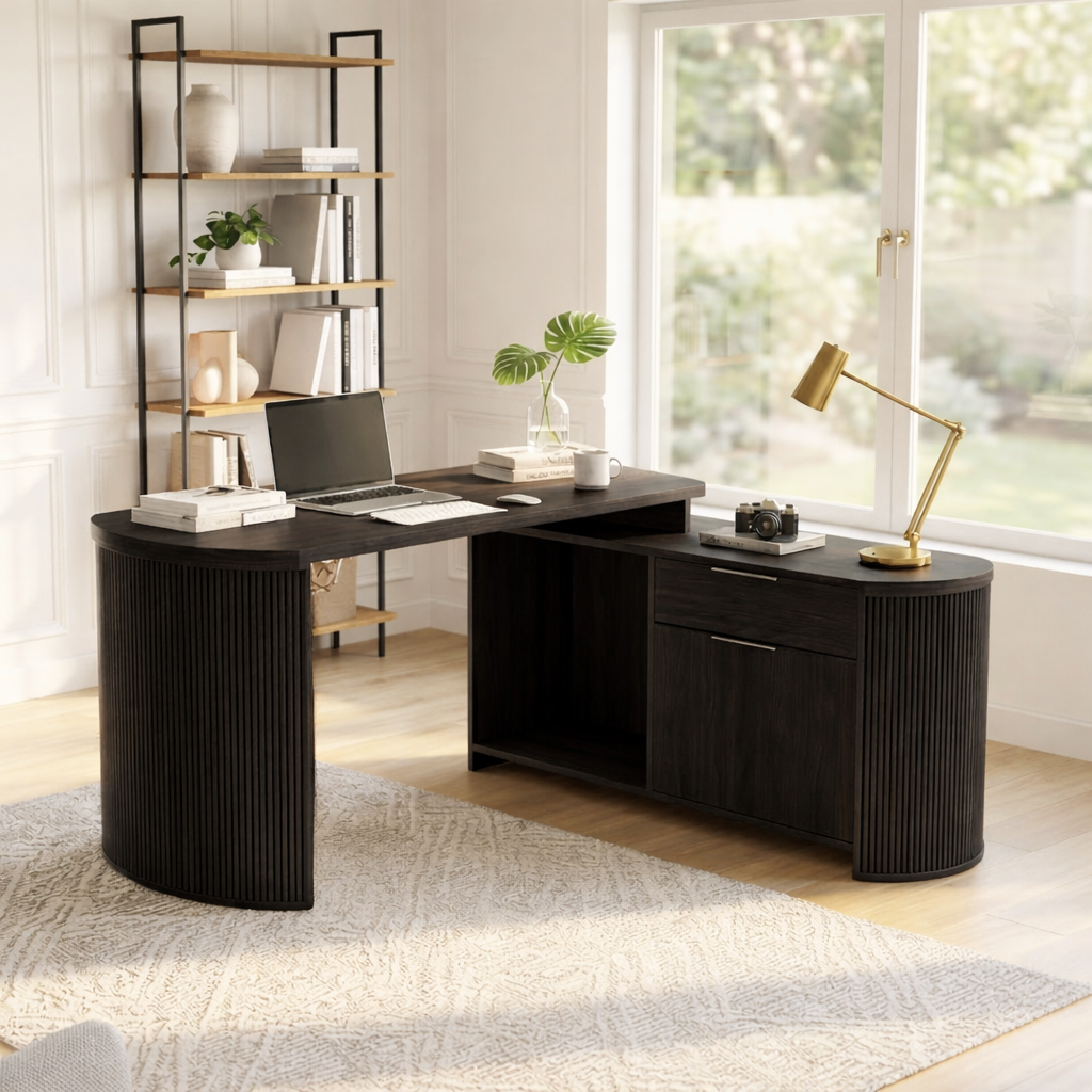 Modern L-Shaped Desk with Elegant Wood Finish for Home Office or Study