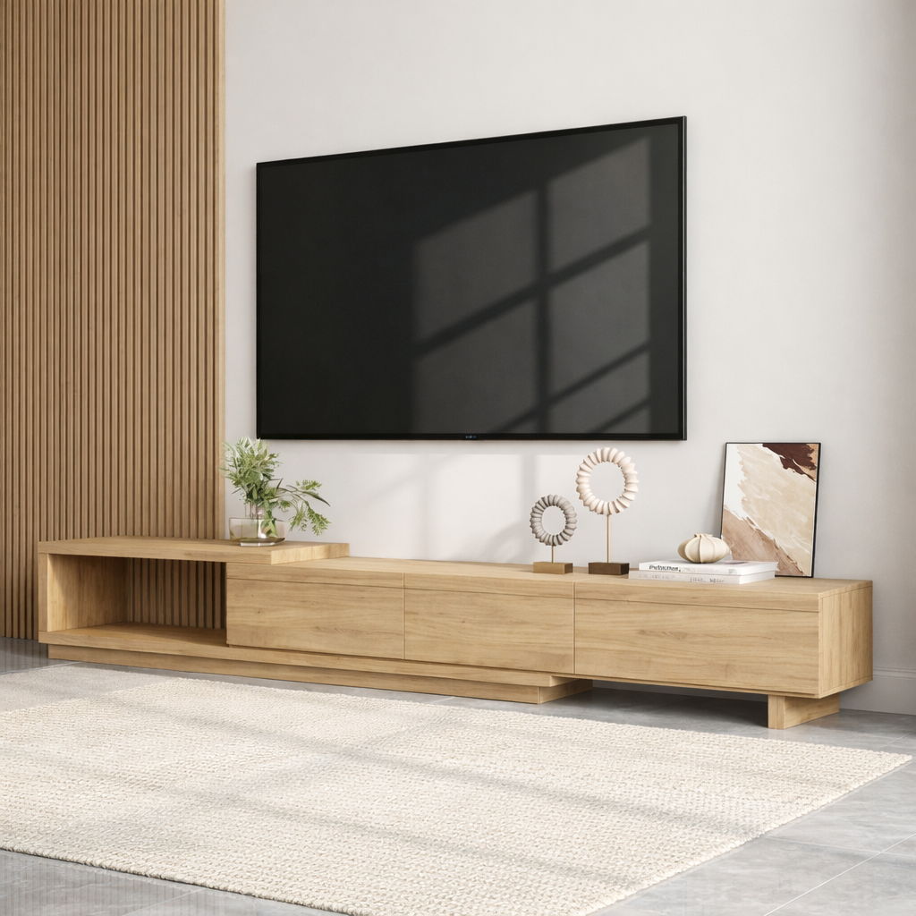 Modern Minimalist Wood TV Stand Long Media Console Low Profile Entertainment Center