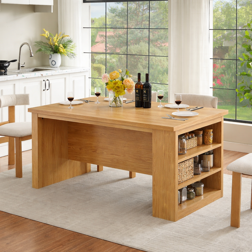 Large Kitchen Island with Side Shelves, Modern Prep Table, Storage Island for Dining Space