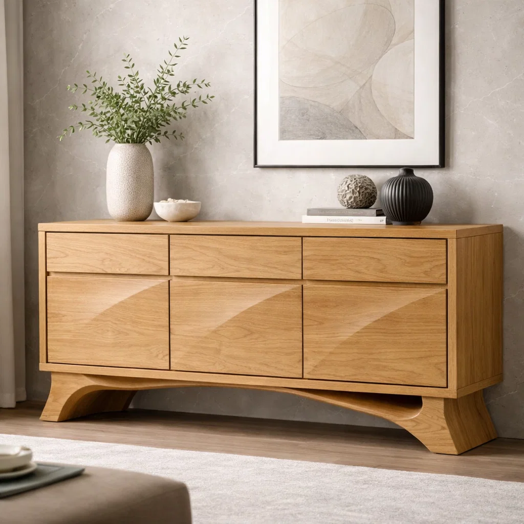 Solid Wood Console Cabinet with Drawers – Modern Walnut Sideboard Storage