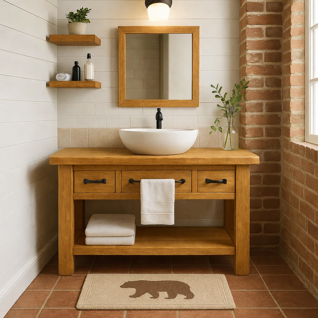 Rustic Solid Wood Bathroom Vanity with Vessel Sink & Storage – Modern Design