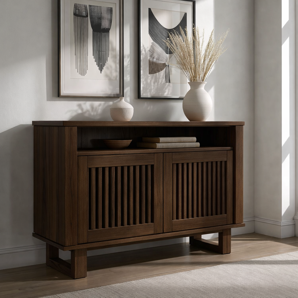 Modern Console Cabinet with Vertical Slatted Doors – Elegant Storage Solution