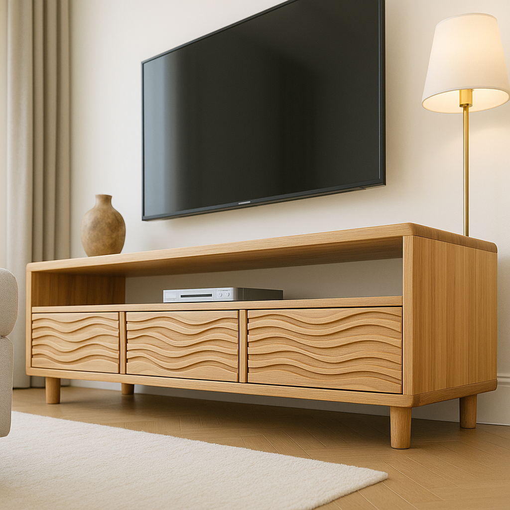 Solid Wood TV Stand Modern Oak Media Console with Wave Drawers and Open Storage