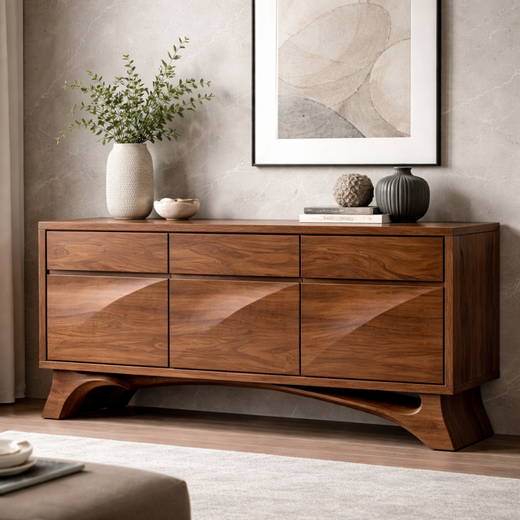 Solid Wood Console Cabinet with Drawers – Modern Walnut Sideboard Storage