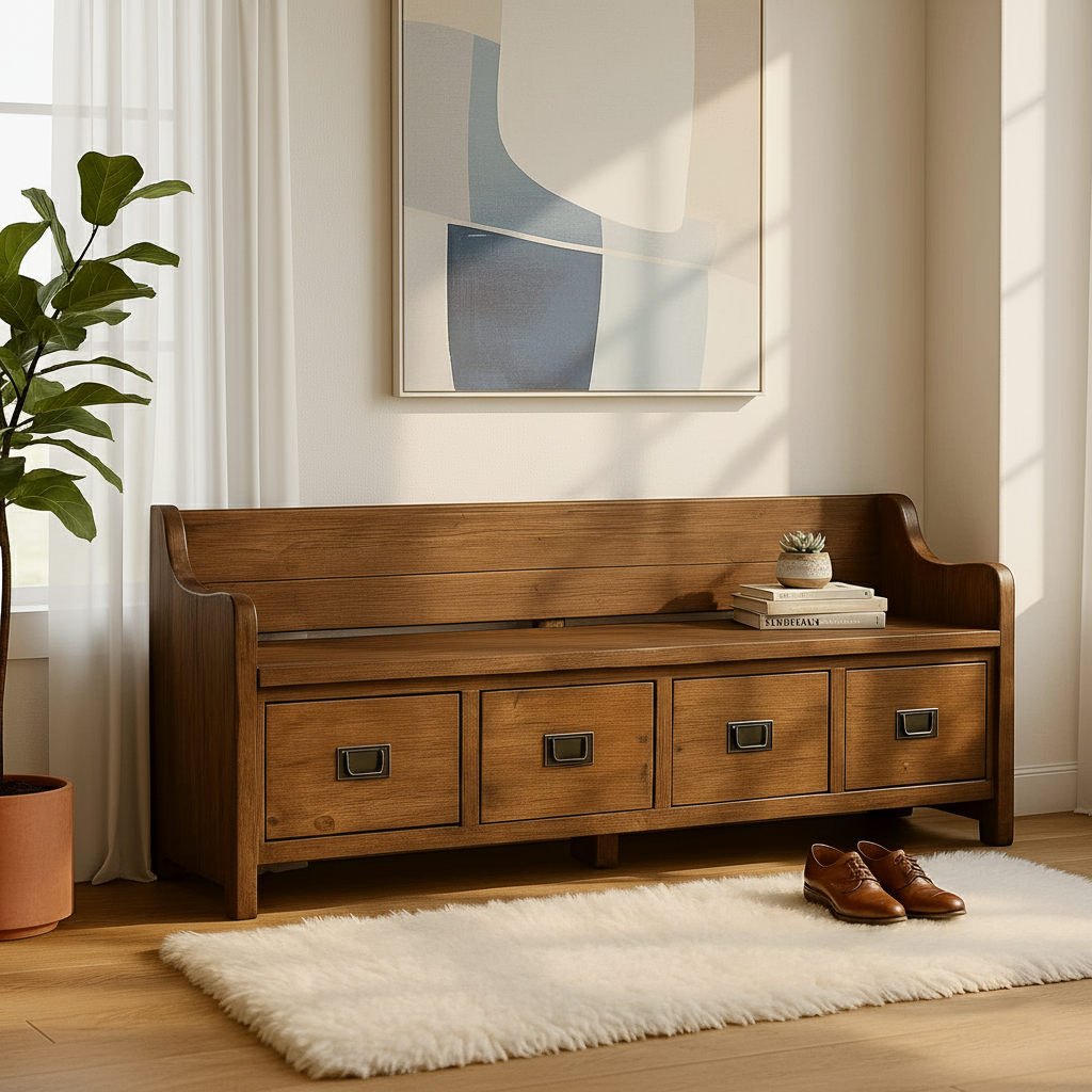 Solid Wood Storage Bench with Drawers, Entryway Hallway Seating Cabinet