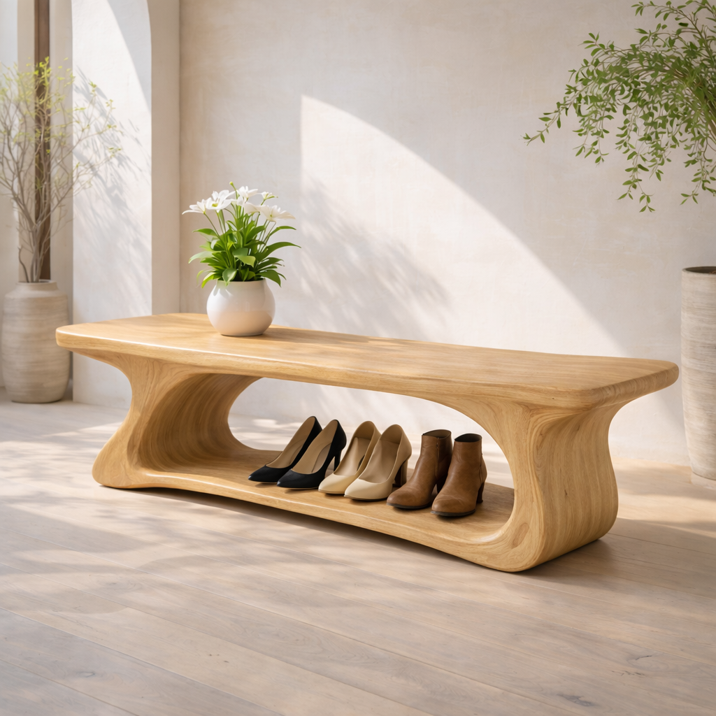 Sculptural Solid Wood Storage Bench, Modern Organic Entryway Shoe Bench