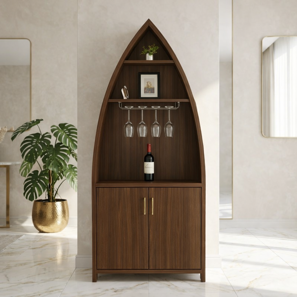 Modern Boat Shaped Bar Cabinet with Glass Rack and Concealed Storage