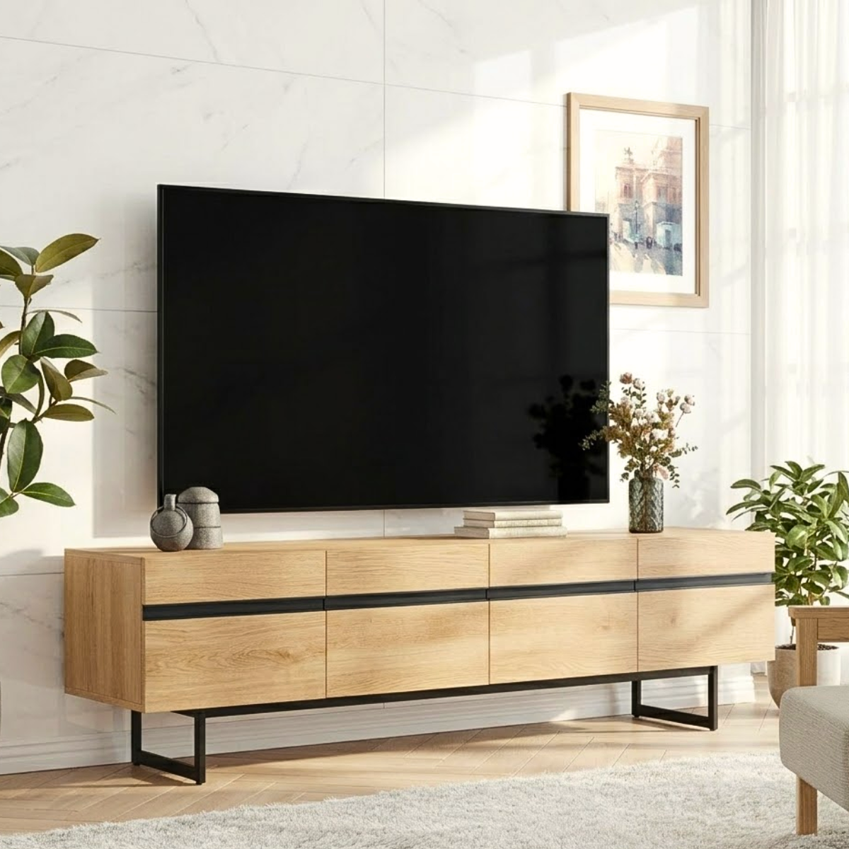Modern Solid Wood TV Stand Long Media Console with Black Accent and Metal Legs