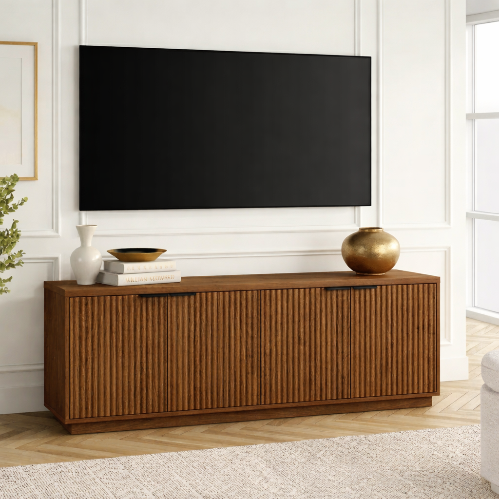 Fluted Solid Wood TV Stand Modern Low Profile Media Console with Hidden Storage