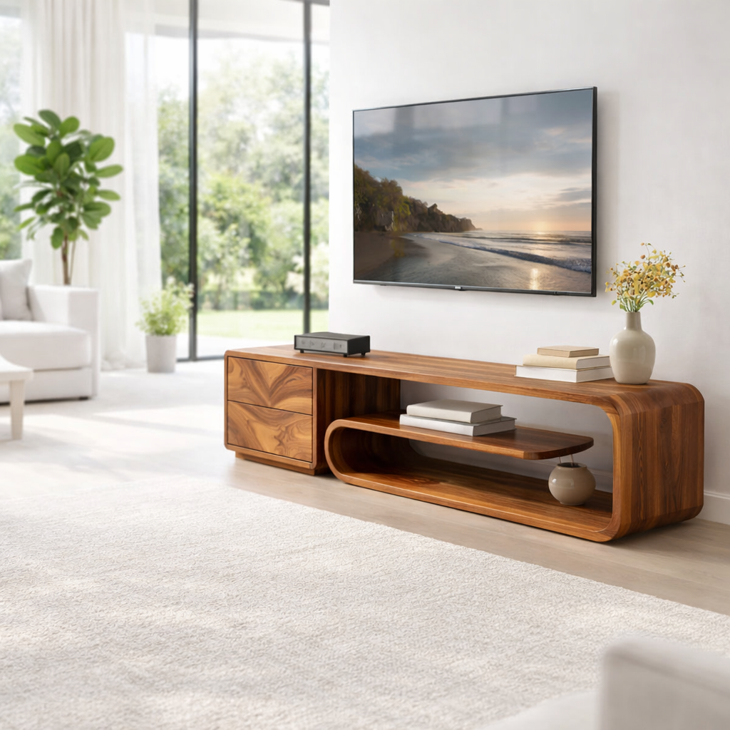 Solid Wood Media Console with Curved Shelf & Drawer, Modern Low TV Stand