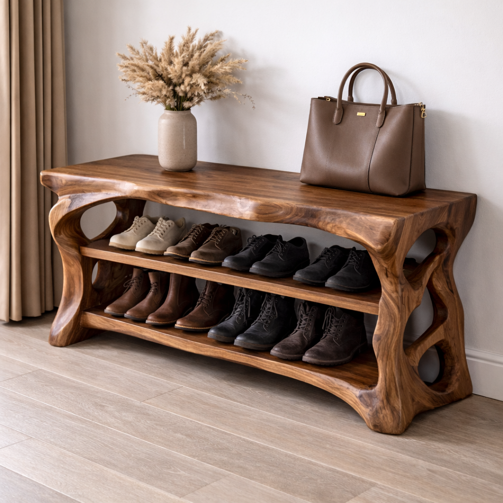 Solid Wood Entryway Bench with Shoe Storage Shelf – Rustic Natural Wood Shoe Rack