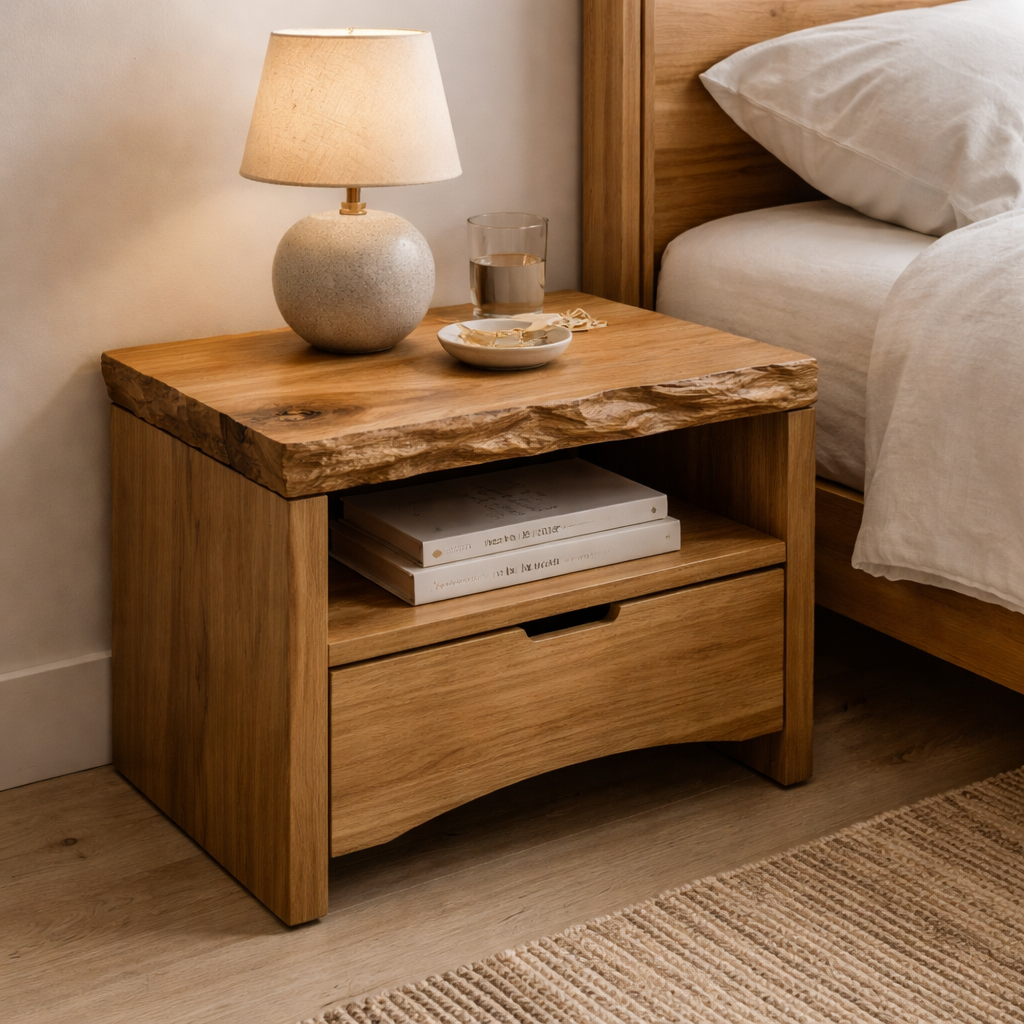 Solid Wood Live Edge End Table with Drawer and Shelf – Rustic Bedside Nightstand