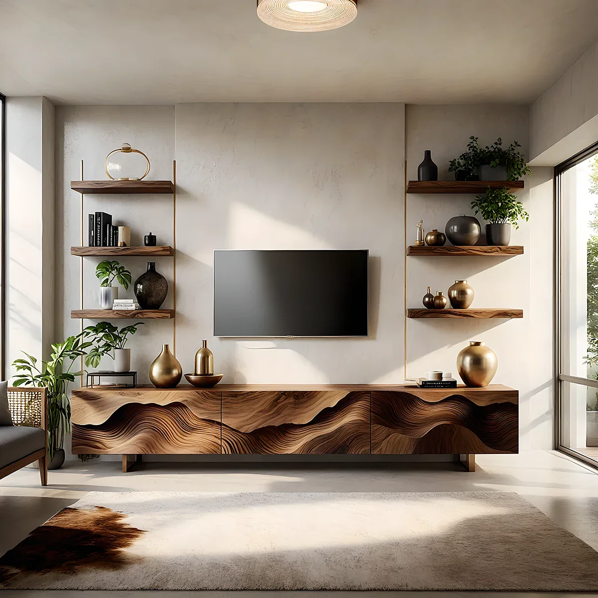 Solid Wood TV Stand Modern Walnut Media Console with Sculpted Wave Doors