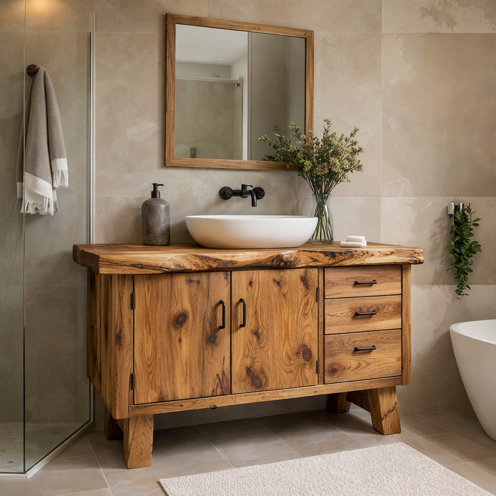 Rustic Solid Wood Bathroom Vanity Cabinet with Drawers & Doors