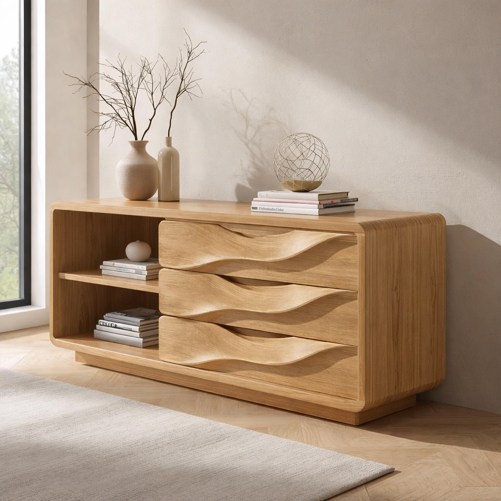 Solid Wood Console Table with Wave Drawers and Open Shelf – Modern Entryway Cabinet