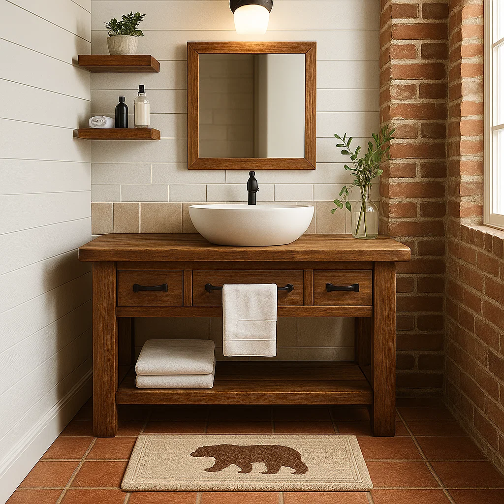 Rustic Solid Wood Bathroom Vanity with Vessel Sink & Storage – Modern Design