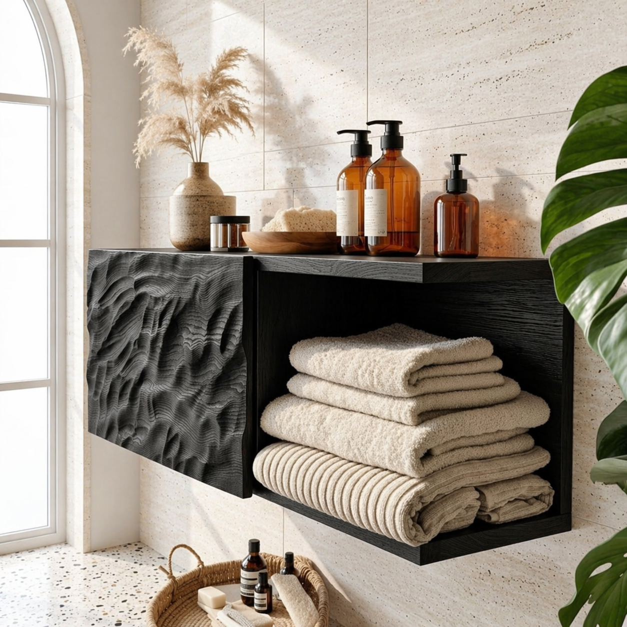 Floating Bathroom Cabinet, Modern Textured Wall Mounted Vanity Storage Organizer