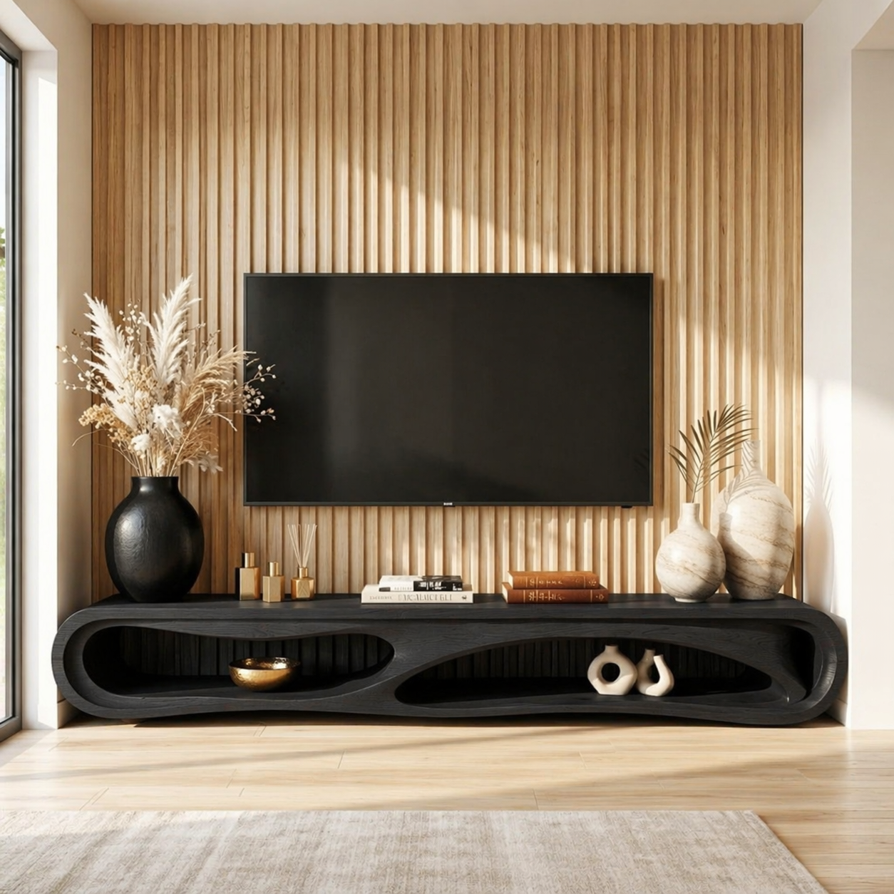 Organic Curved Entertainment Console, Sculptural TV Stand for Luxury Living Rooms